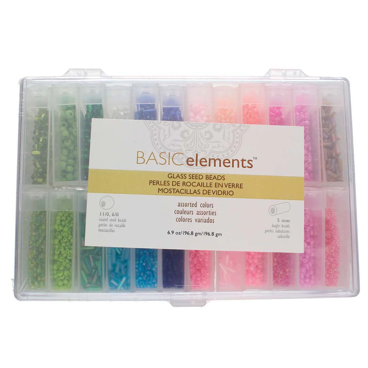 Beadsmith Glass Bead 6.9 oz Assortment ( 11/0, 6/0 Seed Beads and 5mm bugle beads) with 24 flip top tubes in Storage Box