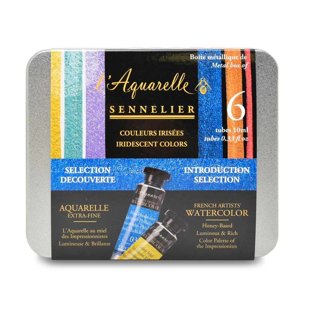 Sennelier French Artists Watercolor Set - 10ml Tubes - 6-Color Iridescent Introduction Tin Set