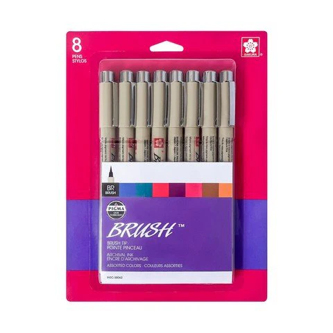 Sakura Pigma Micron Set Brush Tip Assorted Colors - 8 Pen Set
