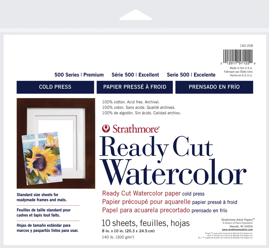 Strathmore 500 Series 140 lb. Cold Press Watercolor Paper - Ready Cut Sheets 8x10 inch - 10 Pack