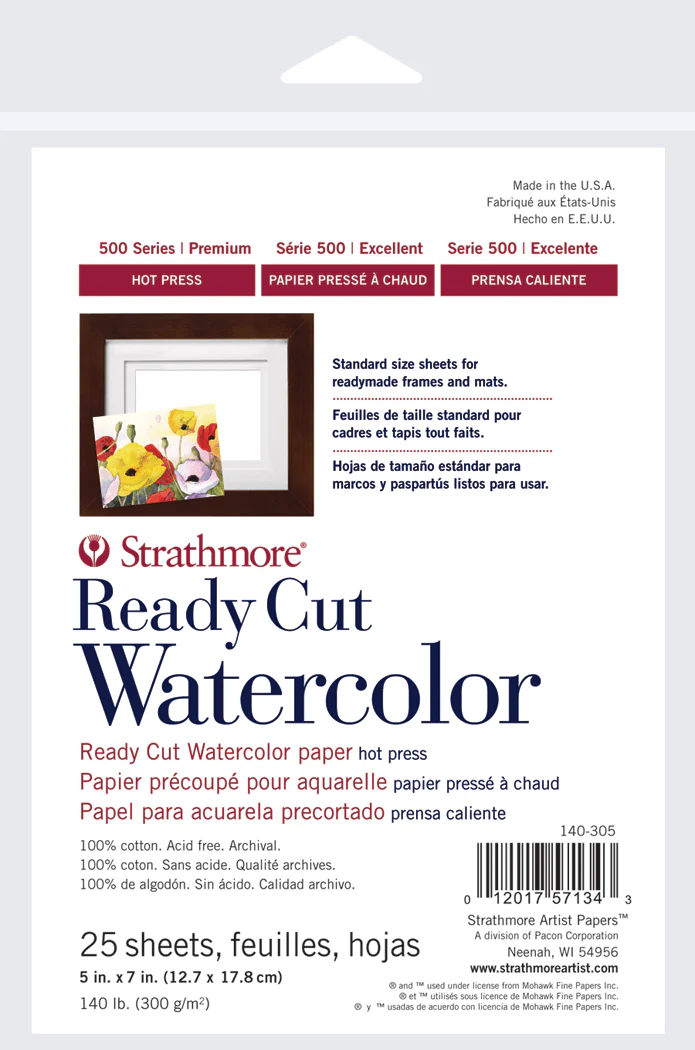 Strathmore 500 Series 140 lb. Hot Press Watercolor Paper - Ready Cut Sheets 5x7 inch - 25 Pack