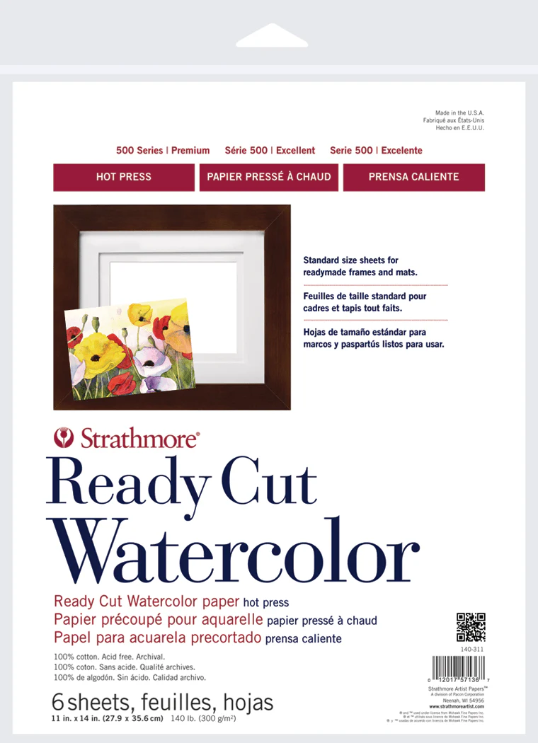 Strathmore 500 Series 140 lb. Hot Press Watercolor Paper - Ready Cut Sheets 11x14 inch - 6 Pack
