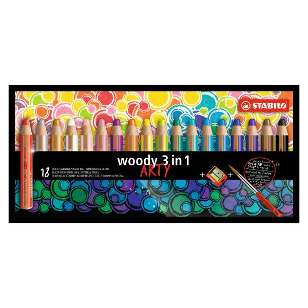 Stabilo Woody 3 in 1 Pencils - ARTY Set of 18 with Sharpener and Brush