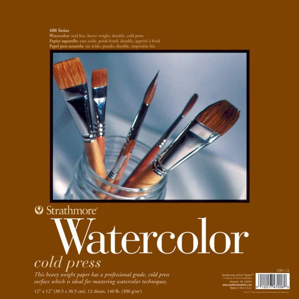 Strathmore Watercolor Paper Pad, 400 Series, 12" x 12" Tape-bound, 140 lb., Acid-free