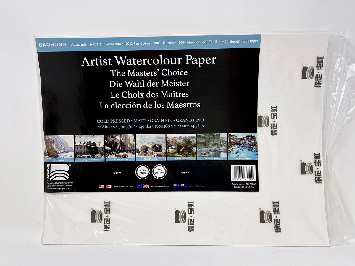 *Discontinued due to tarrifs* Baohong - The Masters Choice - Watercolor Paper Sheets 300 gsm (140 lb) - 11.02" x 14.96" - Cold Press - Pack of 20