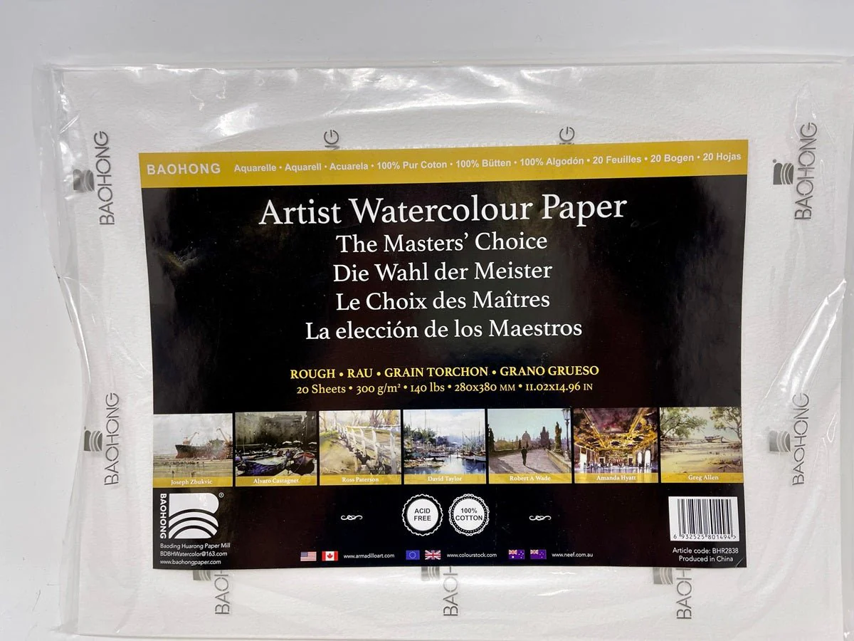 *Discontinued due to tarrifs* Baohong - The Masters Choice - Watercolor Paper Sheets 300 gsm (140 lb) - 11.02" x 14.96" - Rough - Pack of 20
