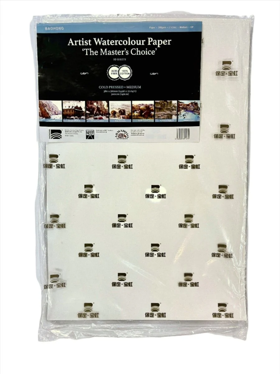 *Discontinued due to tarrifs* Baohong - The Masters Choice - Watercolor Paper Sheets 300 gsm (140 lb) - 14.96" x 22.05" - Cold Press - Pack of 10
