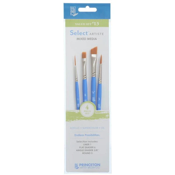 Princeton Brush Select Artiste Brush Value Set #13 (Liner 1, Flat Shader 6, Angle Shader 3/8" & Round 3)