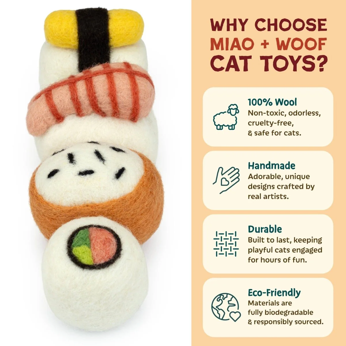 Clearance - Woolbuddy - M&W Wool Felt Cat Sushi Set – Handmade Cat Toys (4 pcs) - Image 3