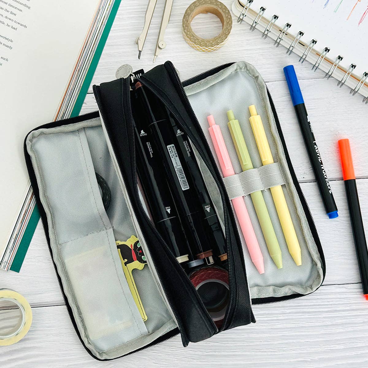 Pencil Case, 3 Compartment Pouch - Black - Image 4